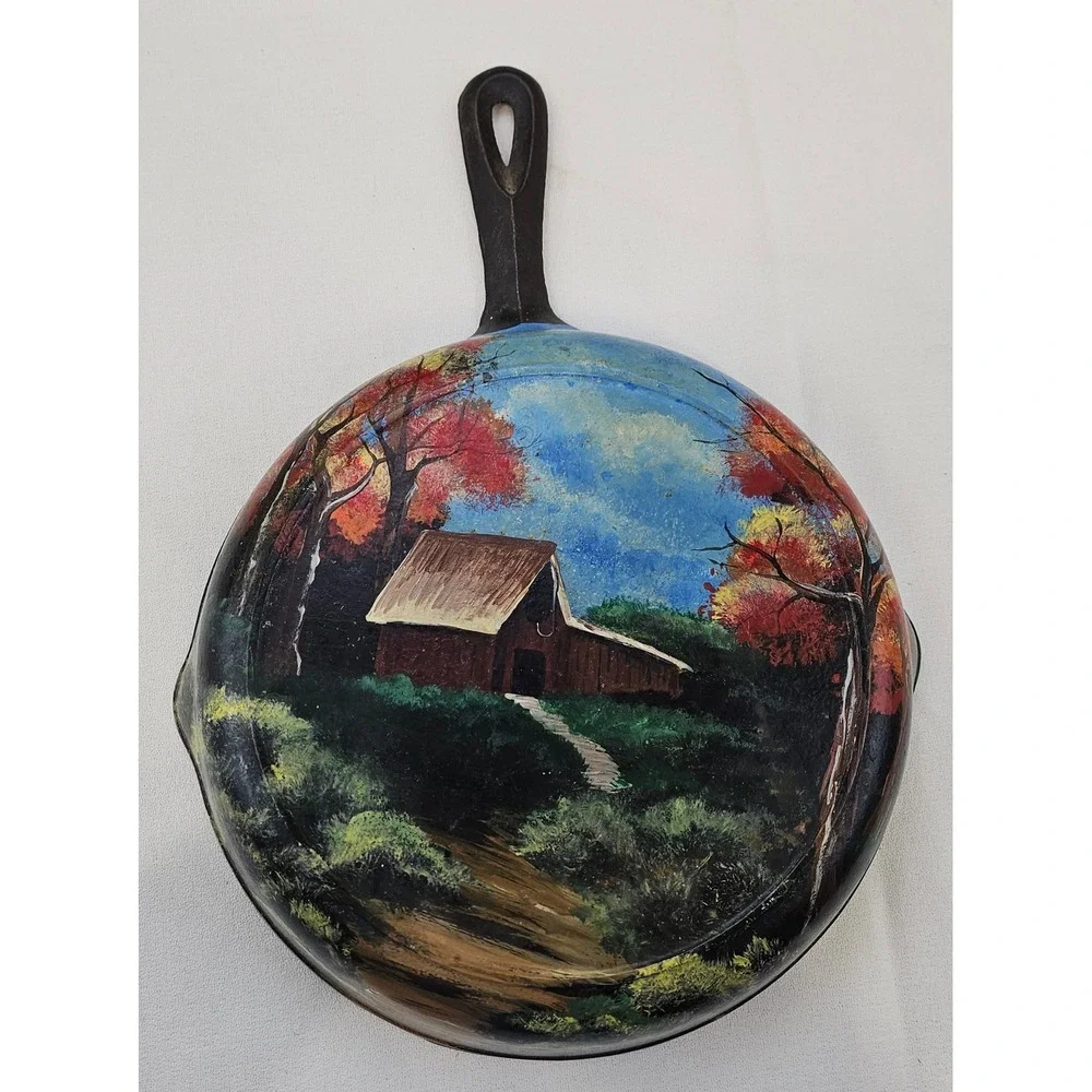 Vintage Hand Painted Cast Iron Skillet Barn Landscape Folk Art‎ Sara Wolak 1994